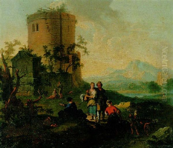 A Landscape With Peasants By A Ruined Tower Oil Painting by Franz de Paula Ferg