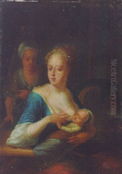 A Mother Feeding A Baby In An Interior, A Maid Beyond Oil Painting by Franz de Paula Ferg