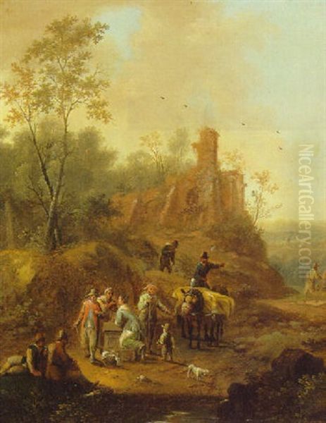 A Landscape With Peasants Conversing On A Path Near A Ruin Oil Painting by Franz de Paula Ferg