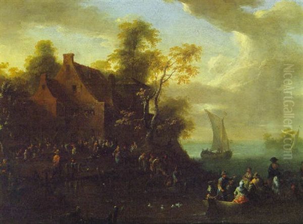 Peasants Returning In A Ferry From A Village Kermesse Oil Painting by Franz de Paula Ferg