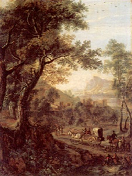 Travellers In A Mountainous Landscape Oil Painting by Franz de Paula Ferg