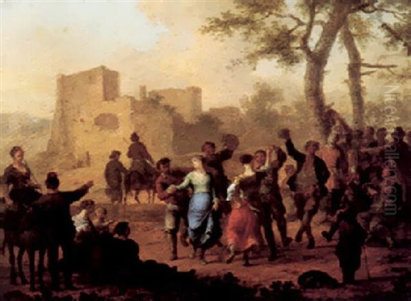 An Italianate Landscape With Peasants Dancing, Ruins Beyond Oil Painting by Franz de Paula Ferg