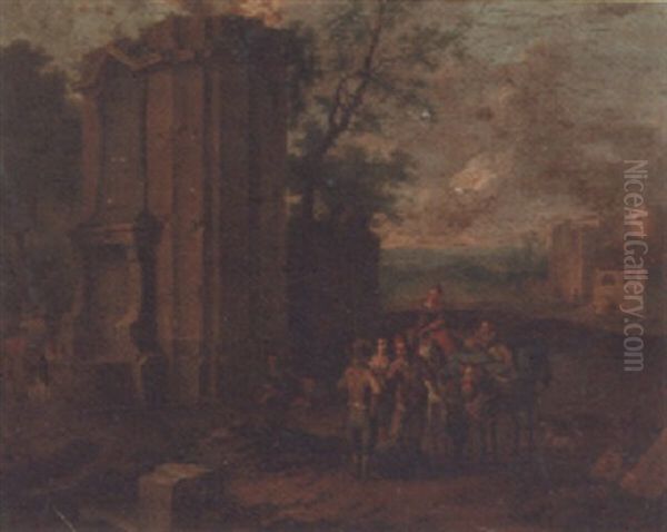 Travellers Halting By A Fountain, A Castle Beyond Oil Painting by Franz de Paula Ferg