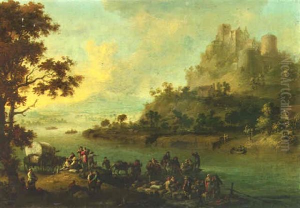 A River Landscape With Peasants Embarking On A Ferry, A Castle With A Hilltop Beyond Oil Painting by Franz de Paula Ferg