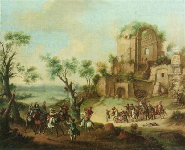 A Cavalry Skirmish In A Landscape With Ruins Oil Painting by Franz de Paula Ferg