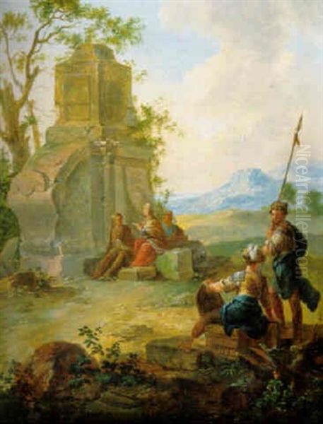 Soldiers And Peasants By A Ruined Monument, A Landscape Beyond Oil Painting by Franz de Paula Ferg