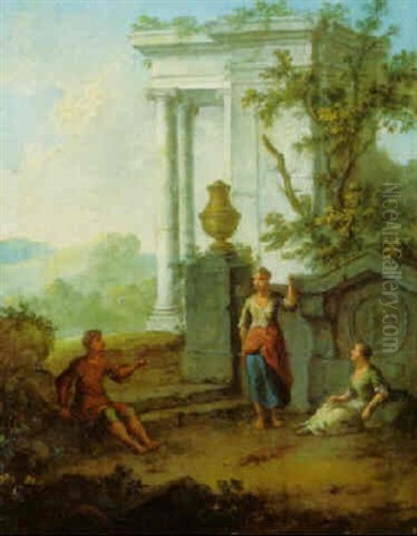 Peasants By A Classical Monument Oil Painting by Franz de Paula Ferg