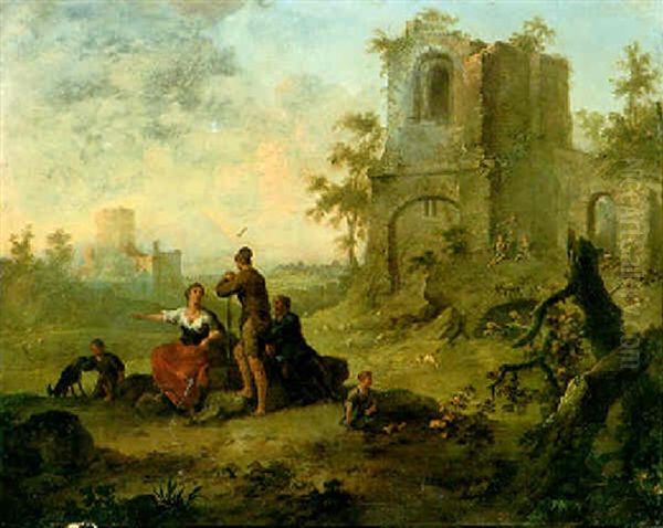 Peasants By Ruins In The Roman Campagna Oil Painting by Franz de Paula Ferg