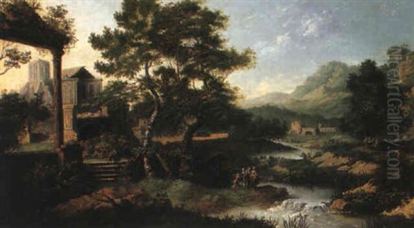 An Extensive Landscape With Figures Conversing On A River Bank Oil Painting by Franz de Paula Ferg