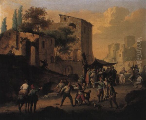 Peasants Brawling And Dancing In A Piazza Oil Painting by Franz de Paula Ferg