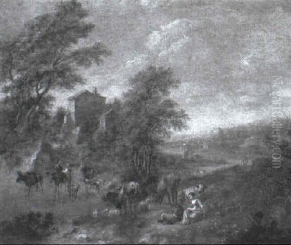 A River Landscape With Herdsmen Watering Their Livestock At A Ford Oil Painting by Franz de Paula Ferg