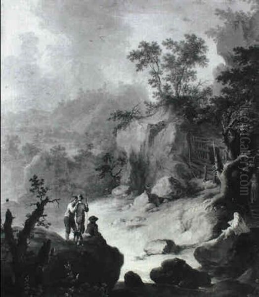 A Rocky River Landscape With Youths Observing A Hermit Oil Painting by Franz de Paula Ferg