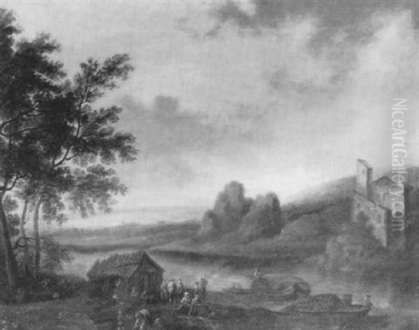 A River Landscape With Moored Barges, Peasants On A Bank Oil Painting by Franz de Paula Ferg