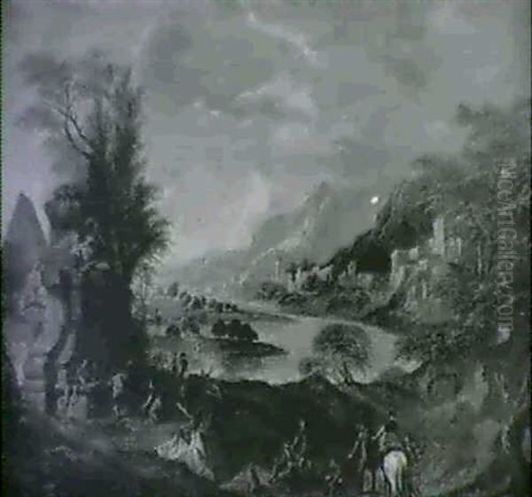 Gebirgige Flusslandschaft Mit Rastenden An Einem Von Der    Figur Des Chronos Gekronten Steinernen Brunnen Oil Painting by Franz de Paula Ferg