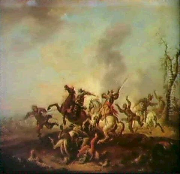 A Battle Scene With Foot Soldiers Under Fire From Cavalry   Troops Oil Painting by Franz de Paula Ferg