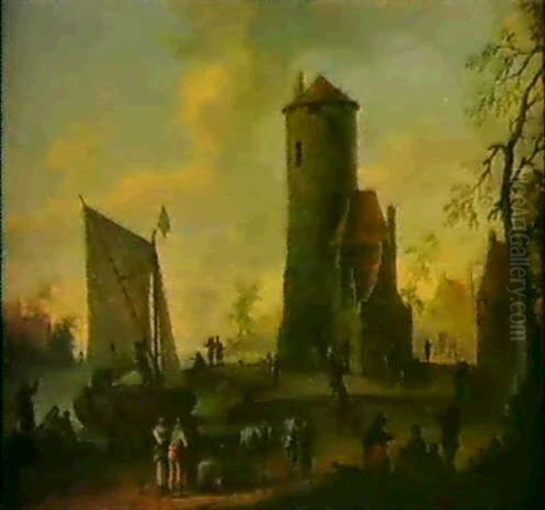 Flusslandschaft Mit Einem Turm Und Bauern Oil Painting by Franz de Paula Ferg