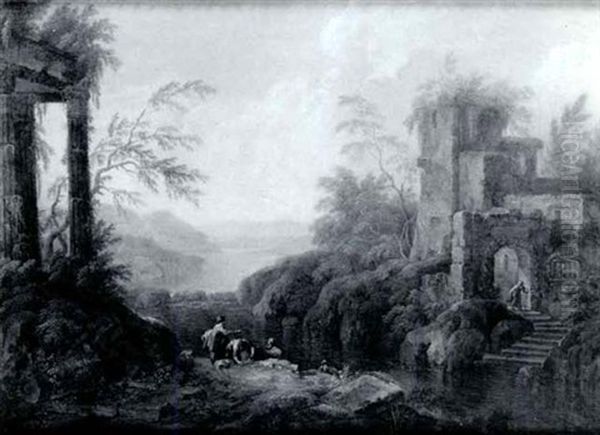 Extensive River Landscape Withfigures Among Classical Ruins Oil Painting by Franz de Paula Ferg