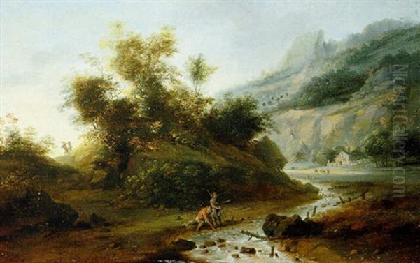 Travellers Resting By A Stream In A Mountainous Landscape Oil Painting by Franz de Paula Ferg