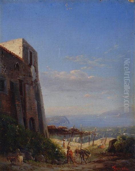 Rocca Con Figure Sul Golfo Di Napoli Oil Painting by Salvatore Fergola