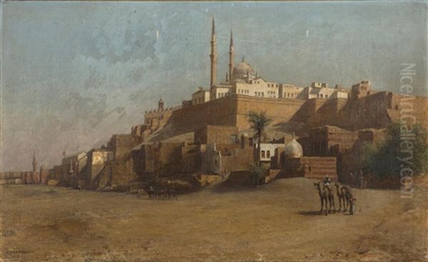 Travelers Before The Walls Of An Arab Town Oil Painting by Henry Ferguson