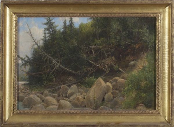 Adirondack Lake Shoreline With Cedar Trees Oil Painting by Henry A. Ferguson