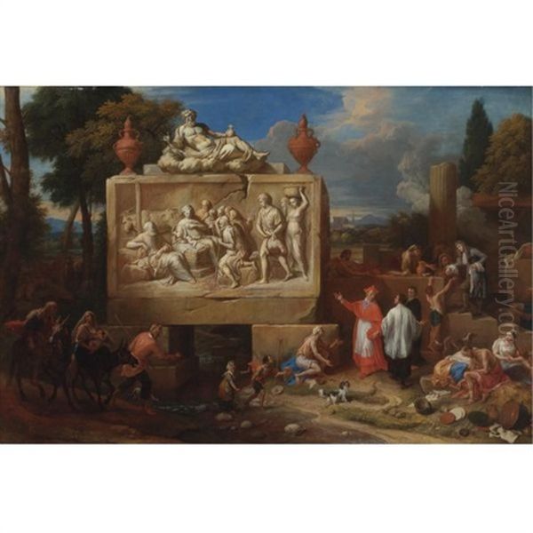 Saint Charles Borromeo Performing Charitable Acts In A Landscape With Ruins Oil Painting by Henry A. Ferguson