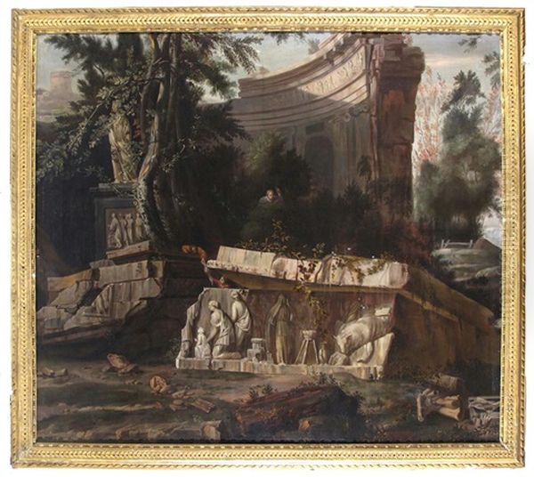 Rustics Amongst Roman Ruins And A Bas Relief Mausoleum, A Hilltop Town Beyond Oil Painting by William Gowe Ferguson