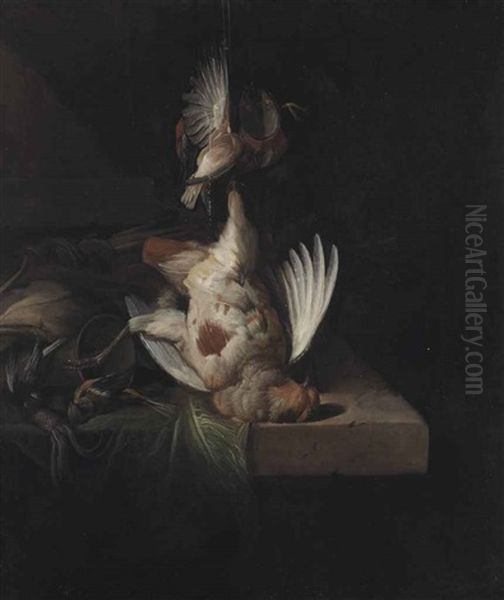 A Partridge And Other Birds Suspended Over A Draped Stone Ledge Along With Hunting Paraphernalia And Small Birds Oil Painting by William Gowe Ferguson