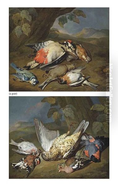 A Dead Ptarmigan, A Bullfinch, A Greenfinch And Other Birds, In A Wooded Clearing (+ A Dead Great Spotted Woodpecker, A Bluetit, A Bearded Tit And Other Birds, In A Wooded Clearing; 2 Works) Oil Painting by William Gowe Ferguson