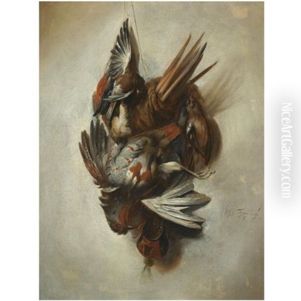 A Falconry Still Life With A Dead Partridge, Songbirds, And Hunting Attributes Hanging On A Rope Oil Painting by William Gowe Ferguson