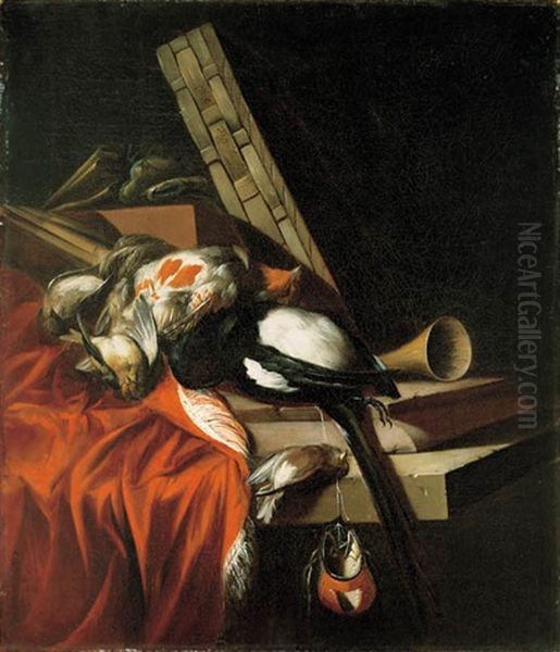 A Dead Game Still Life With A Trumpet And A Basket On A Stone Ledge Oil Painting by William Gowe Ferguson