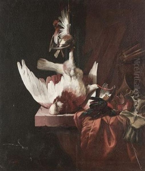 Dead Finches, A Pigeon And A Kingfisher Hanging Above A Draped Stone Ledge Along With Falconry Paraphernalia Oil Painting by William Gowe Ferguson