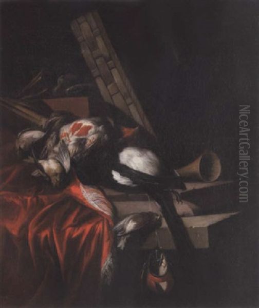 A Falconry Still Life With A Dead Partridge, Magpie And Song Birds On A Draped Ledge With A Basket, Horn And A Falcon Hood Oil Painting by William Gowe Ferguson