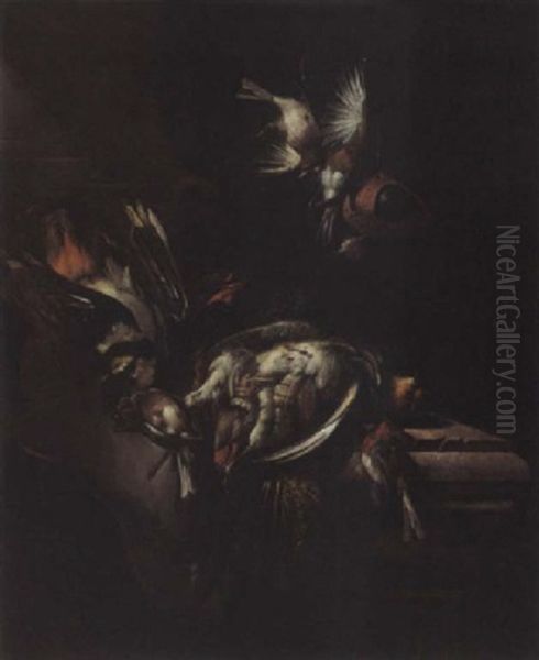 A Hunting Still Life Of A Partridge, A Woodcock And Other Birds On A Marble Ledge, Together With Other Birds Oil Painting by William Gowe Ferguson