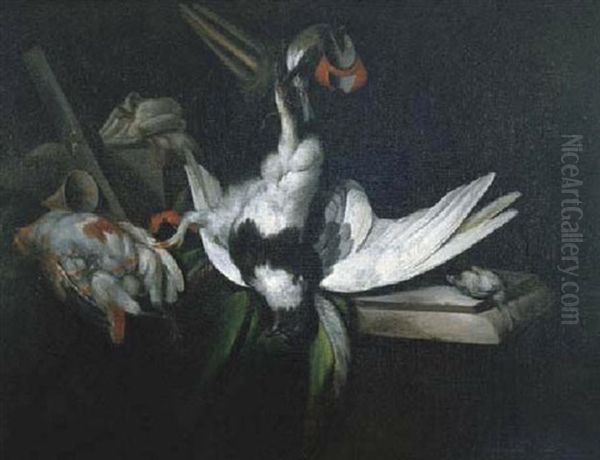 A Hunting Still Life With A Pheasant Hanging From A Rope With A Pigeon, A Hunting Horn And Another Bird, On A Marble Ledge Oil Painting by William Gowe Ferguson