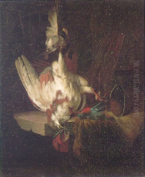 A Still Life Of A Finch, A Partridge And Kingfisher Hanging Above A Stone Ledge Oil Painting by William Gowe Ferguson