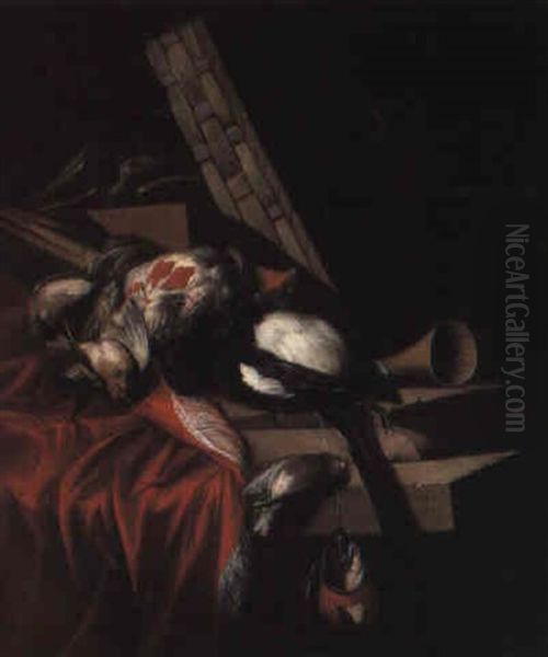 A Dead Magpie, A Partridge And Songbirds, A Falcon's Hood, A Basket And Horn Oil Painting by William Gowe Ferguson