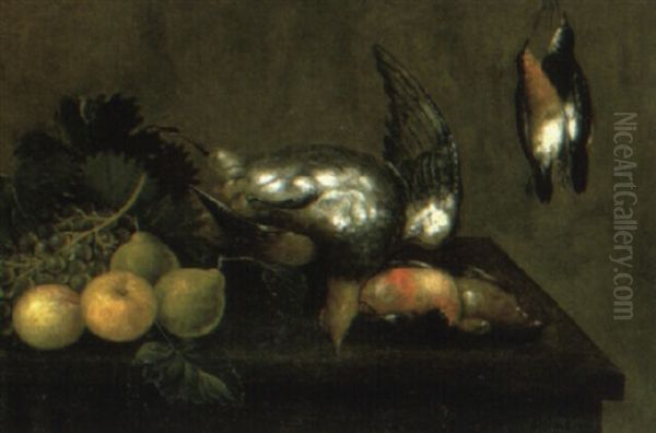 A Dead Partridge, Dead Finches, Apples Grapes And Pears On A Table by William Gowe Ferguson