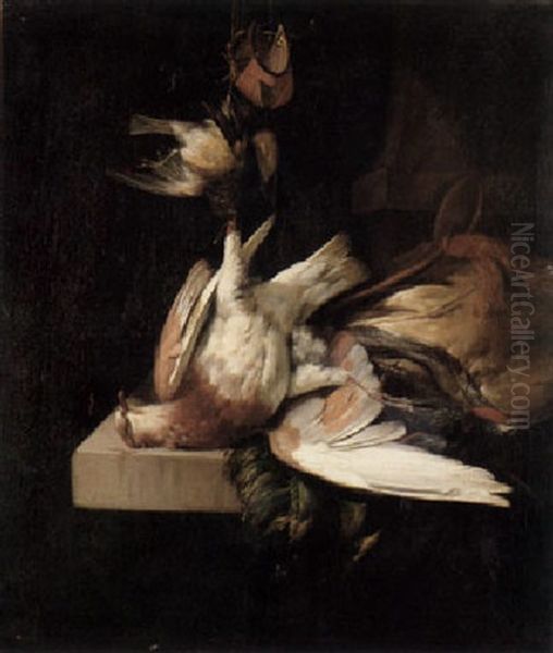 A Still Life Of A Pigeon And A Hawking Hood Hanging From A  Nail, On A Stone Ledge Rests A Game Bag And A Kingfisher... Oil Painting by William Gowe Ferguson