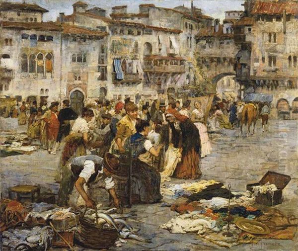 Mercadillo En Una Plaza De Granada (a Market In Granada) Oil Painting by Jose Fernandez Alvarado