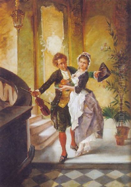 Violinista Y Doncella Oil Painting by Jose Fernandez Alvarado