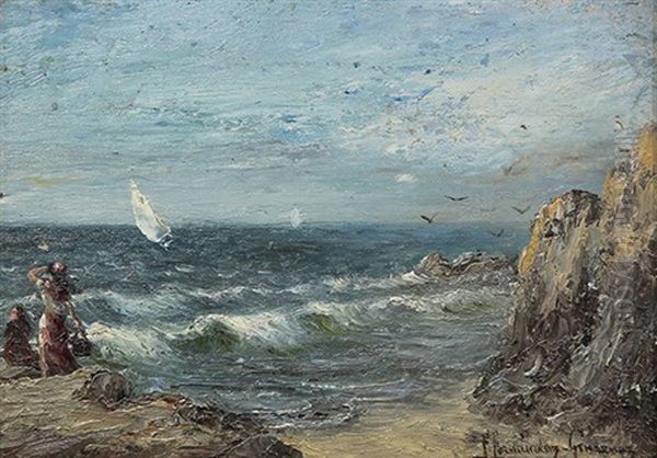 Coastal Scene With Sailboats And Figures Oil Painting by Federico Fernandez Y Gimenez