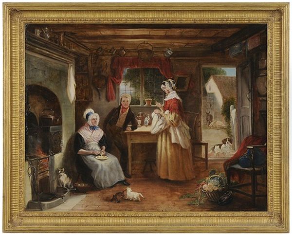 Domestic Scene, With Family And Animals In A Kitchen Oil Painting by John Ferneley Jr.