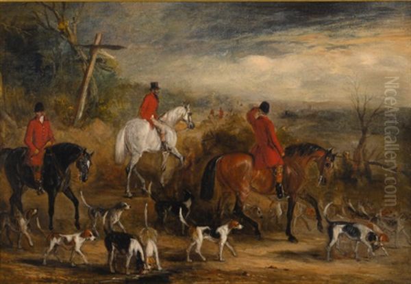 Huntsmen And Hounds At A Crossroads Oil Painting by John Ferneley Jr.