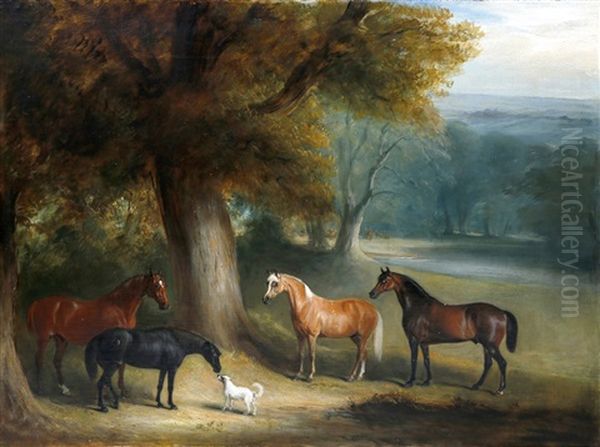 Four Horses And A Dog In A Wooded Landscape With A Herd Of Deer In The Distance Oil Painting by John Ferneley Jr.