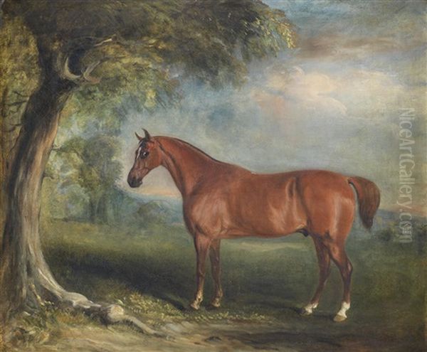 A Chestnut Horse In A Landscape Oil Painting by John Ferneley Jr.