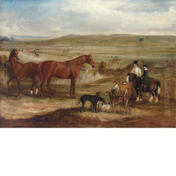 A Gentleman With His Son On His Favorite Pony Surrounded By Their Hounds And Hunters by John Ferneley Jr.