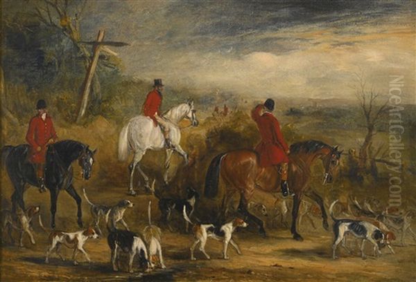 Huntsmen And Hounds At A Crossroads Oil Painting by John Ferneley Jr.