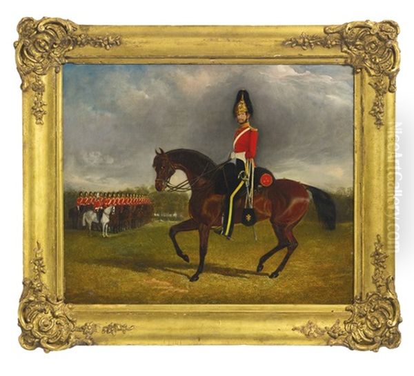 An Officer Of The 3rd Dragoon Guards On His Charger, A Troop Of Mounted Guardsmen Beyond Oil Painting by John Ferneley Jr.