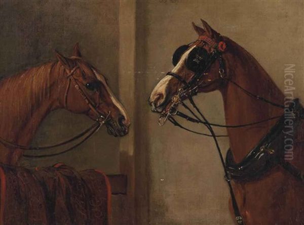 Head Study Of Carriage Horse And Hunter At A Stable Door Oil Painting by John Ferneley Jr.